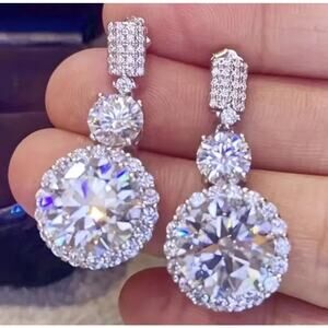 6 Ct T.W. Round Simulated Diamond Halo Drop Dangle, Beautiful, Bridal Earrings